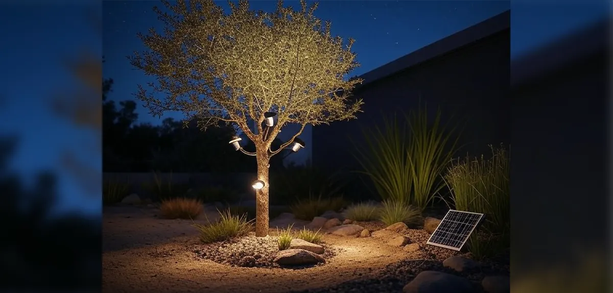 Accent your garden features at night with solar spot lights for trees Solar spot light for trees